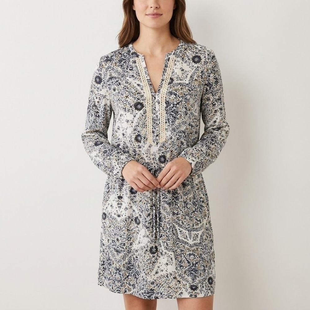 Joe Floral Lace Trim Dress Womens Small White Blue Tie Waist Boho Cottage Modest